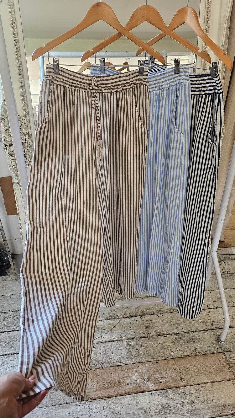 Bridget Wide Leg Stripe Linen Trousers in Light Blue