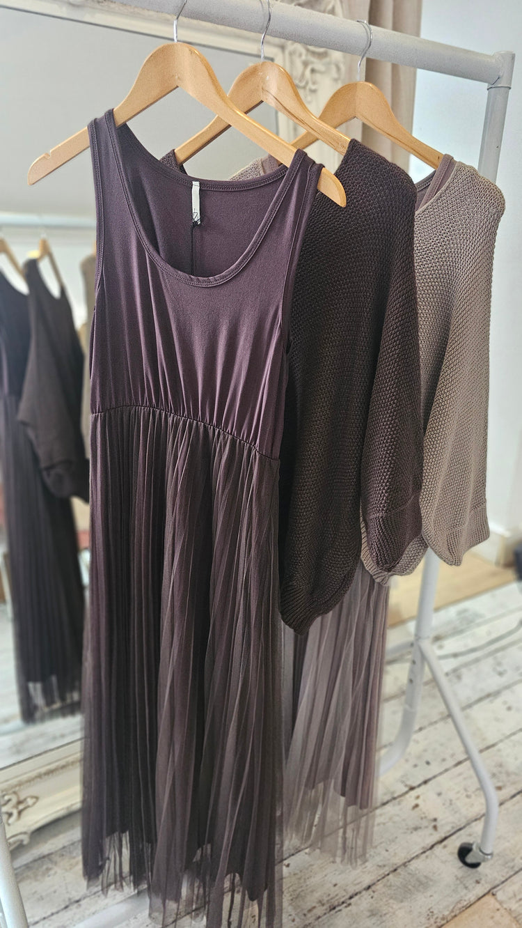 Naomie mesh detail dress & light knit two piece in chocolate