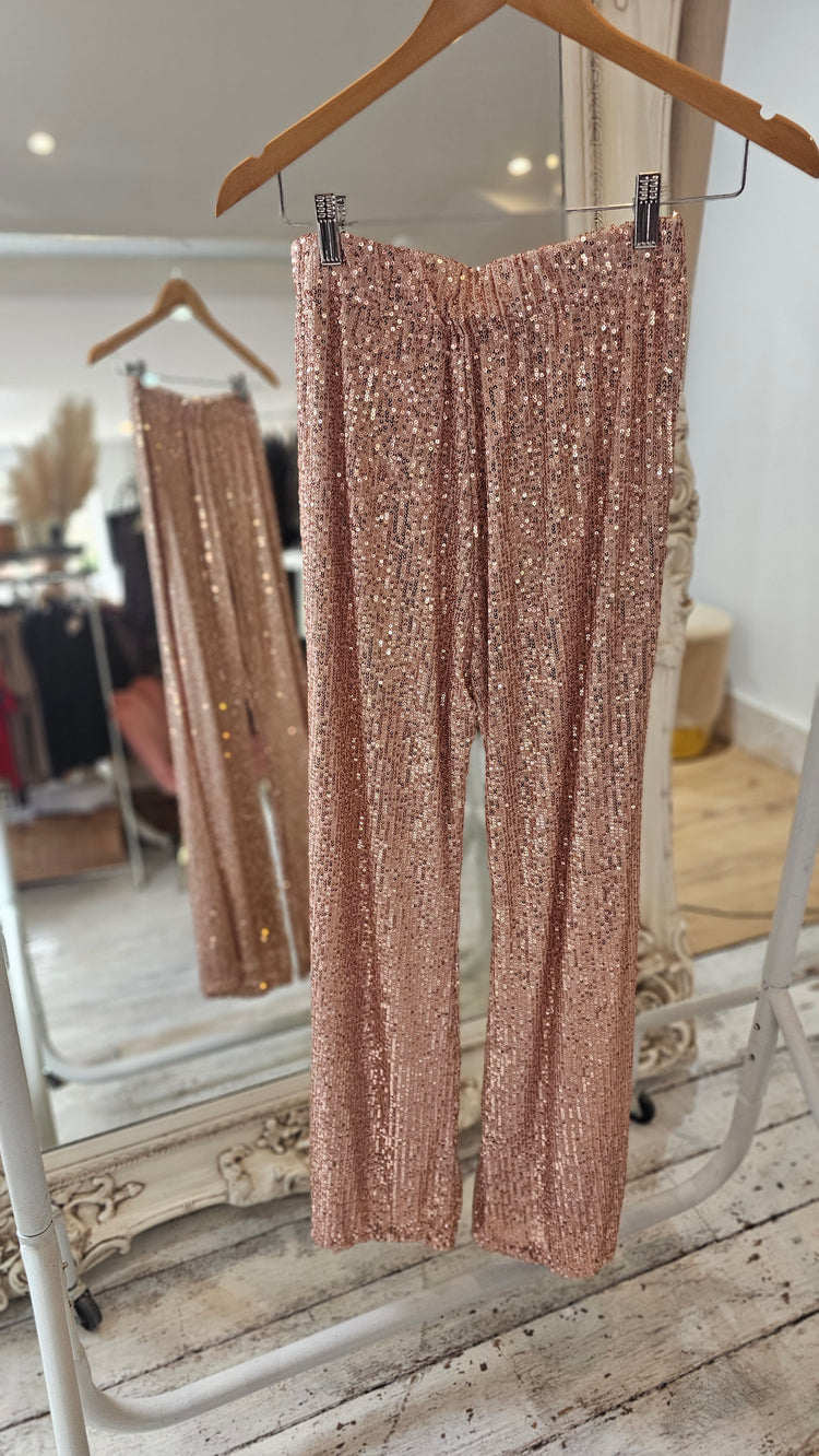 Belle flare leg sequin trousers in rose gold