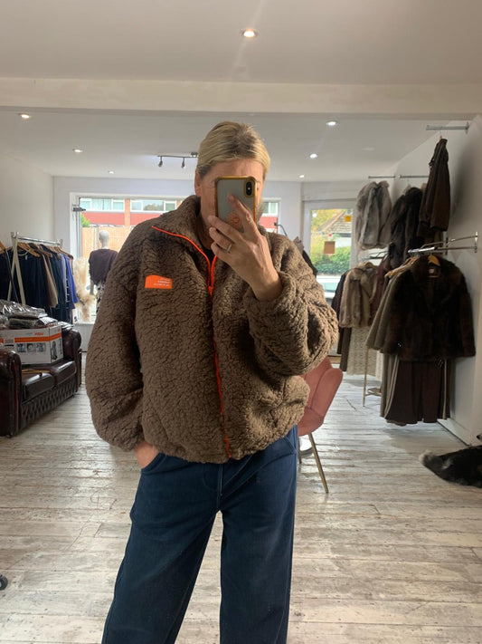 Eden neon trim & logo borg zip up fleece in chocolate