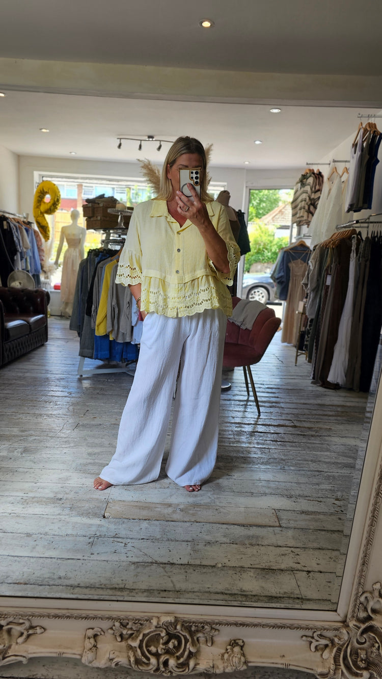 LILY LINEN BLEND ANGLAISE HEM SHIRT IN LEMON