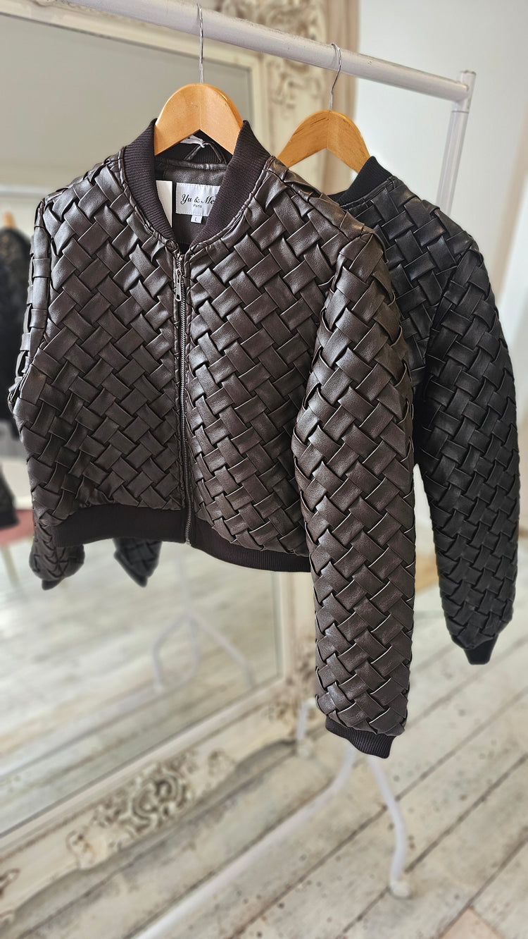 Valentina Woven cropped bomber jacket in black