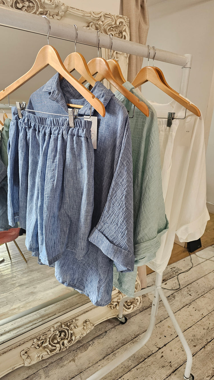 Phoebe Linen Look Oversized Blouse And Shorts Set in Blue