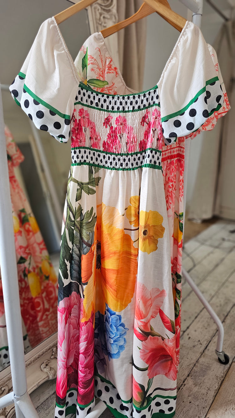 Floral & polka dot patterned puff sleeve dress