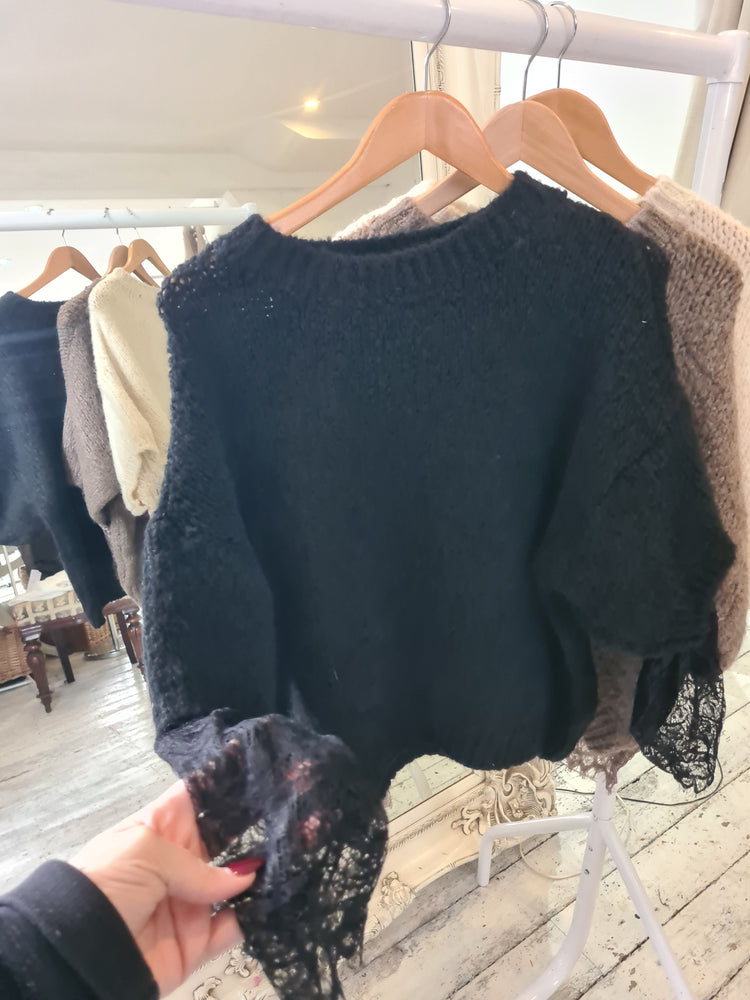 Rita Lace Sleeve knitted jumper in black
