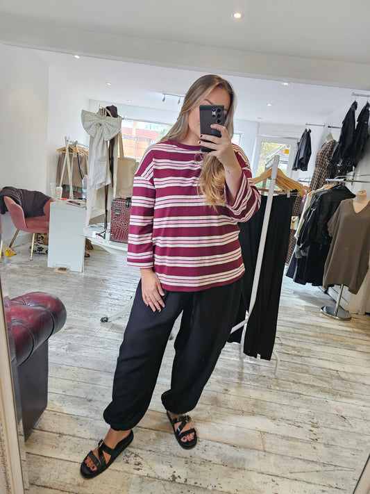 Demi Oversized Striped Long Sleeve Top in burgundy