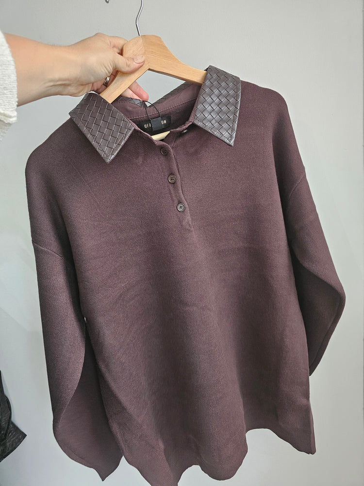 Vittoria Faux Leather Woven collar knit in chocolate