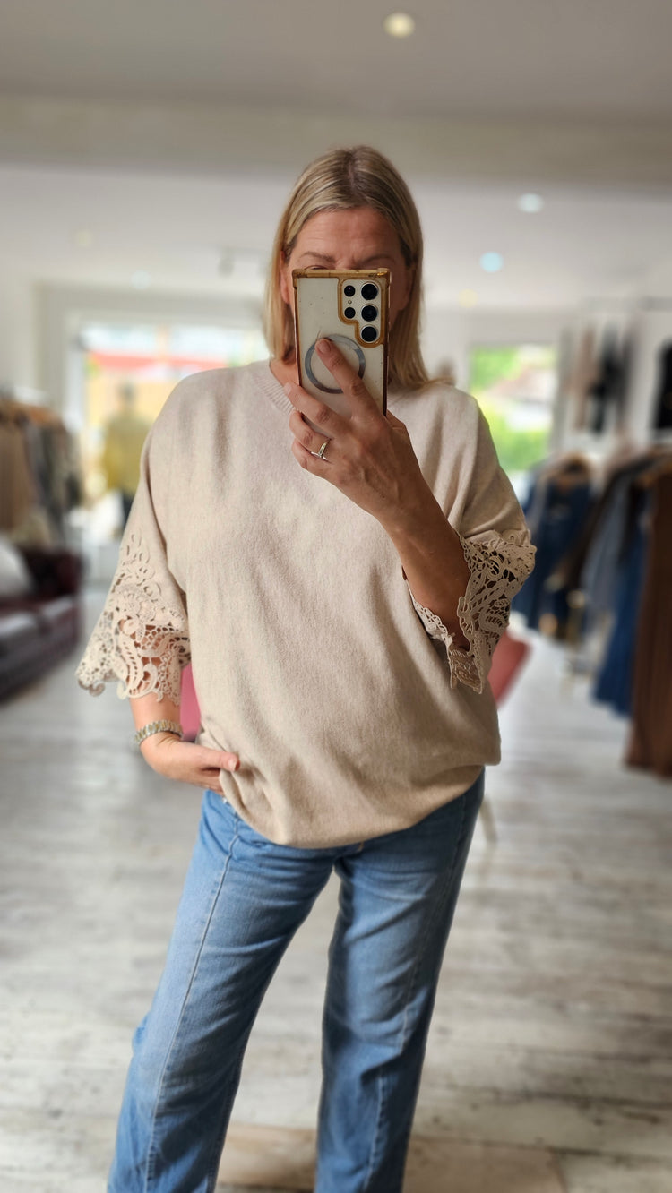 Kristen Lace Sleeve detail fine knit jumper in oatmeal