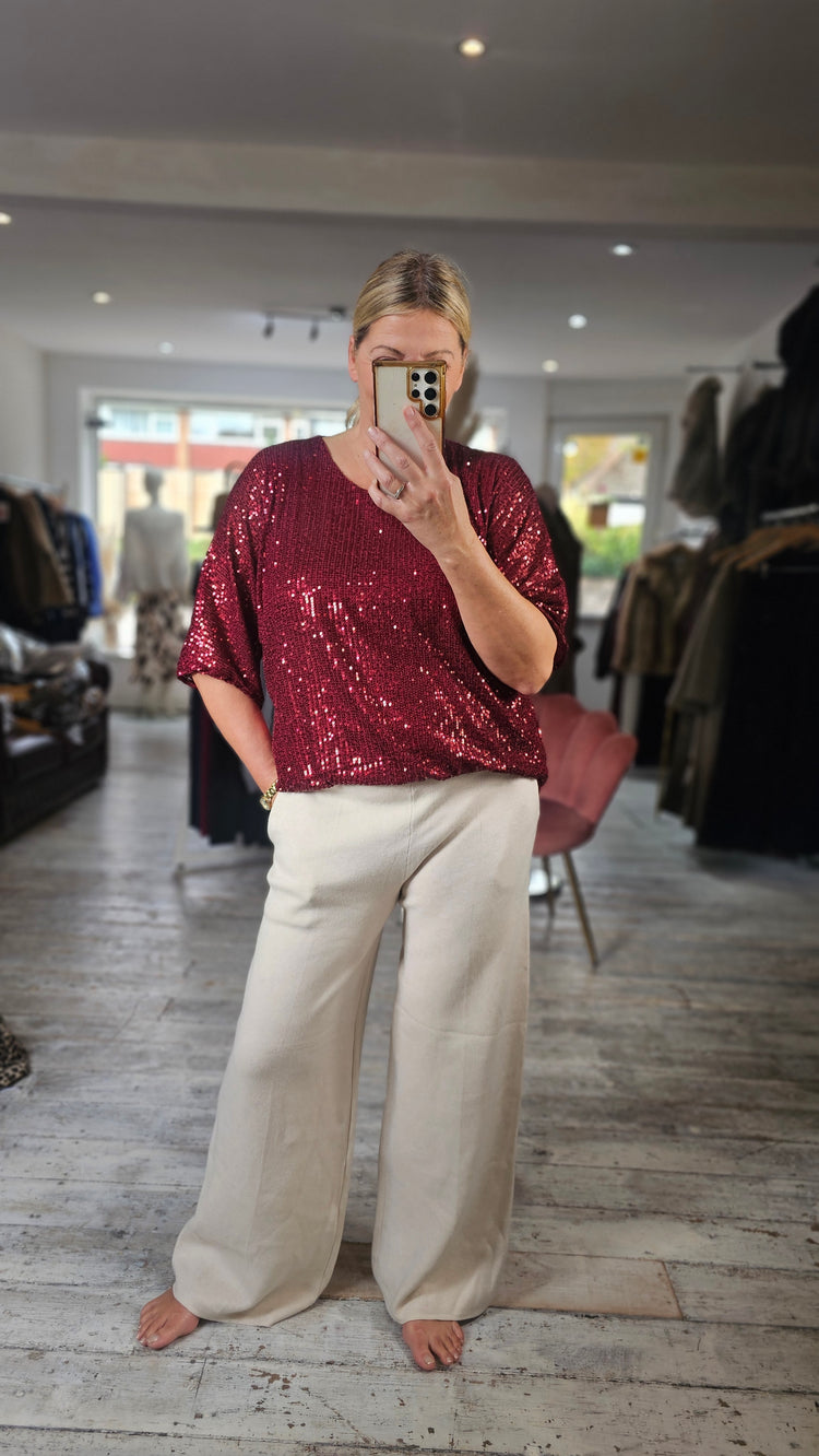Caroline round neck sequin top in wine