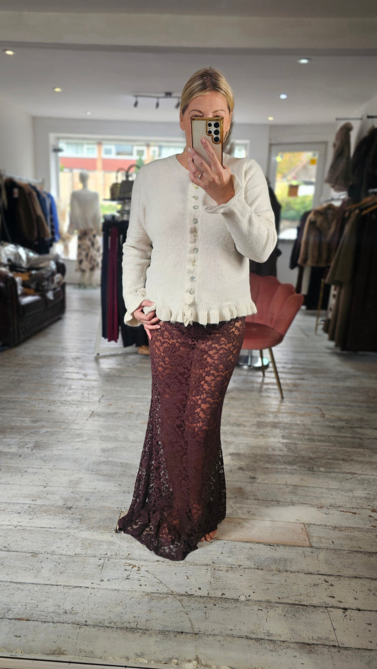 Margot Frill trim knitted cardigan in cream