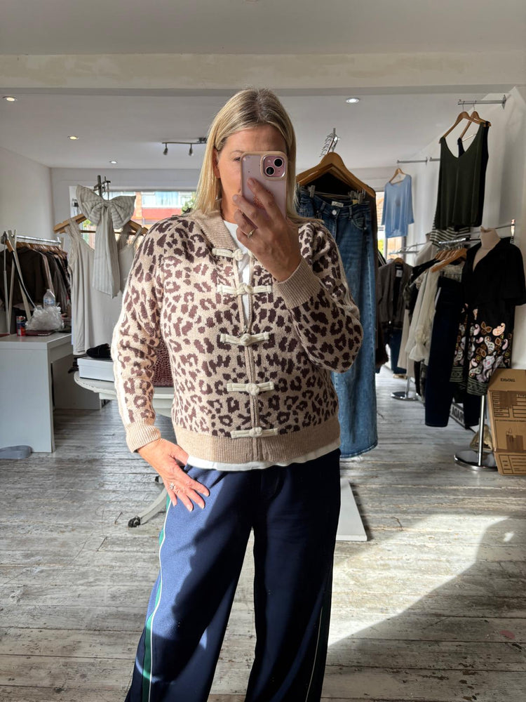 Billie Leopard Print Knit Jacket in beige