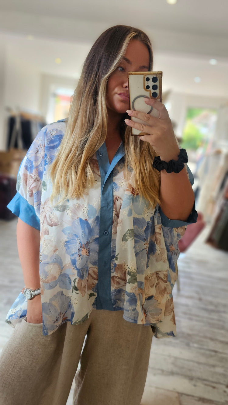 Denim trim floral broderie anglaise blouse