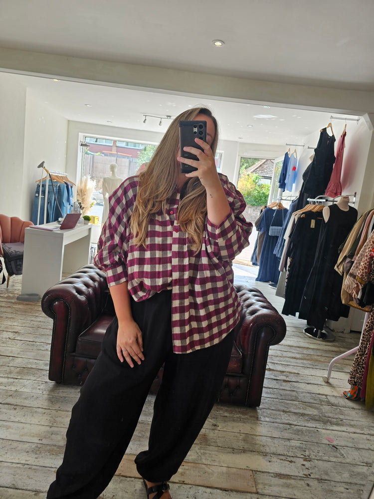 Blakely Check Boyfriend Shirt in Plum