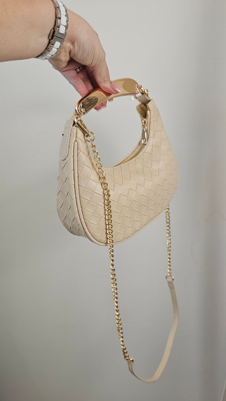 Ava gold handle woven bag in beige