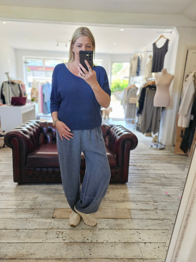 OLIVE LINEN BLEND FRONT POCKET TROUSER IN NAVY