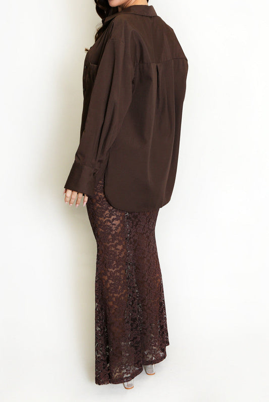 Maya Sheer Floral Lace Maxi Skirt in chocolate