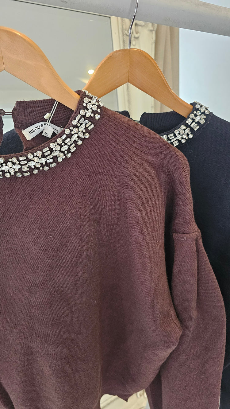 Bridget Diamond Neck Detailed Knit jumper in chocolate