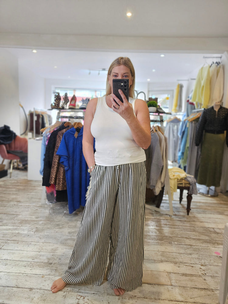 BRIDGET WIDE LEG STRIPE LINEN TROUSERS IN BLACK
