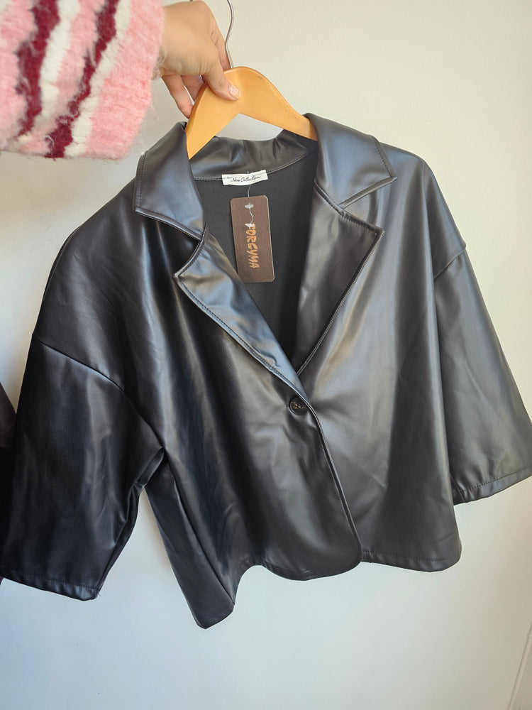 PIPER FAUX-LEATHER THREE-QUARTER SLEEVE JACKET IN BLACK