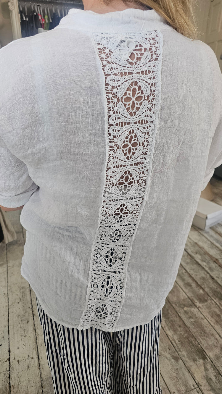 Emilia lace back linen blouse in white
