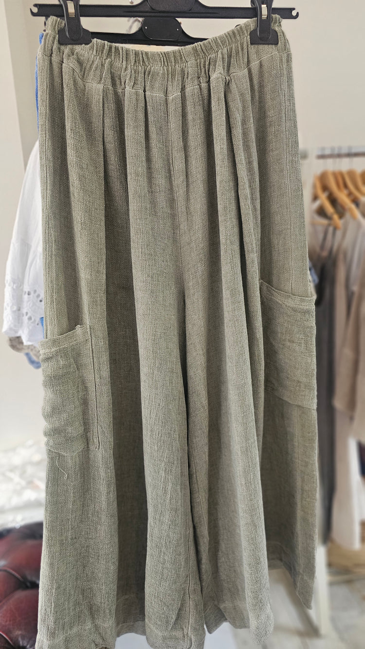 Camila linen blend wide leg crop trousers in Khaki