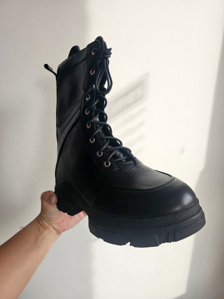 Black Chunky Lace Up Front Ankle Boot - Size down!