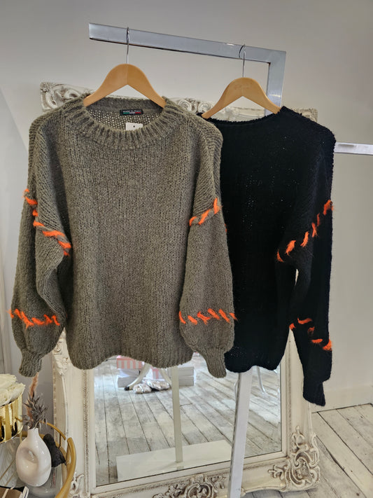 Contrast Thread sleeve round Neck Knitted Jumper