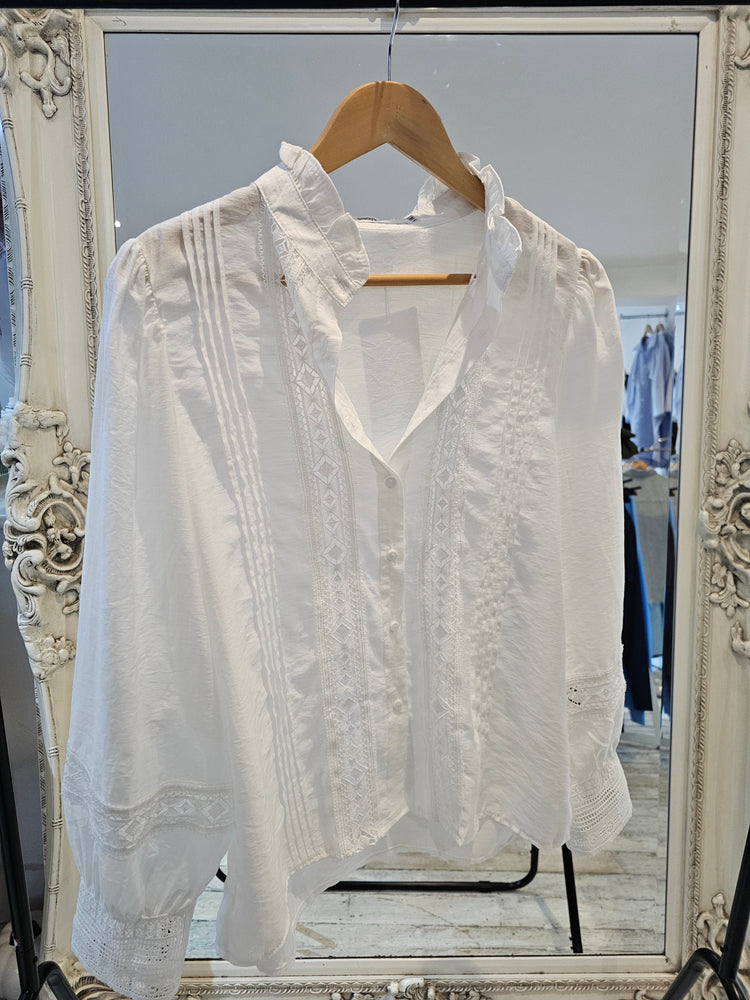 High neck embroidery lace detail blouse in White