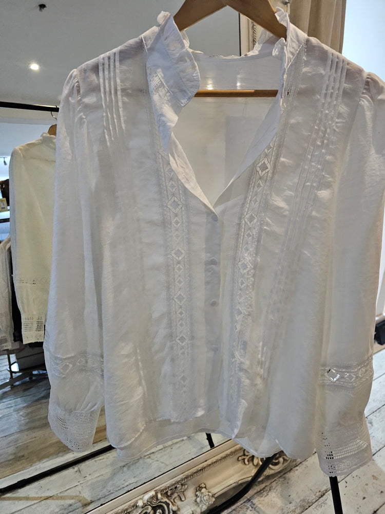 High neck embroidery lace detail blouse in White
