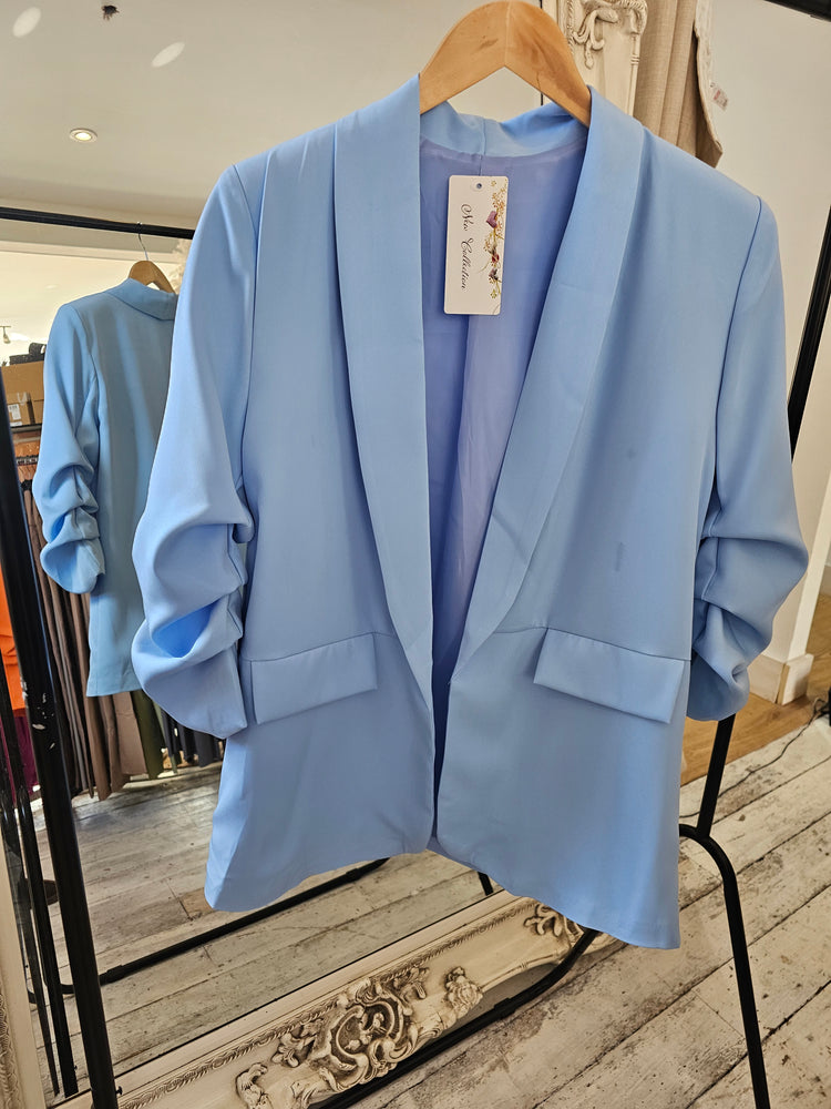 Ruched sleeve blazer in powder blue