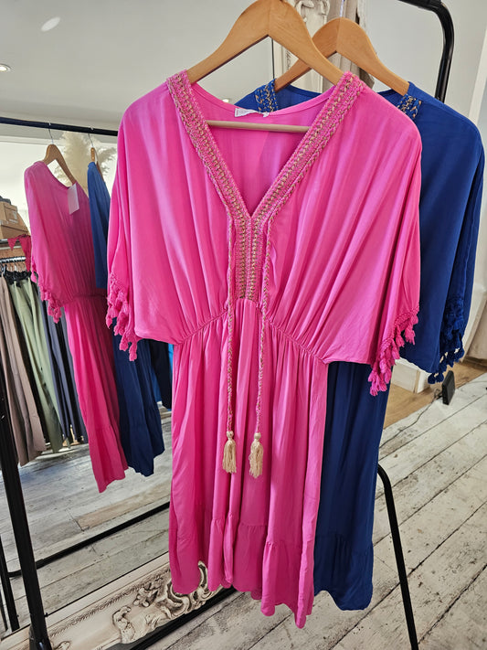 Gold embroidered tassle dress in pink