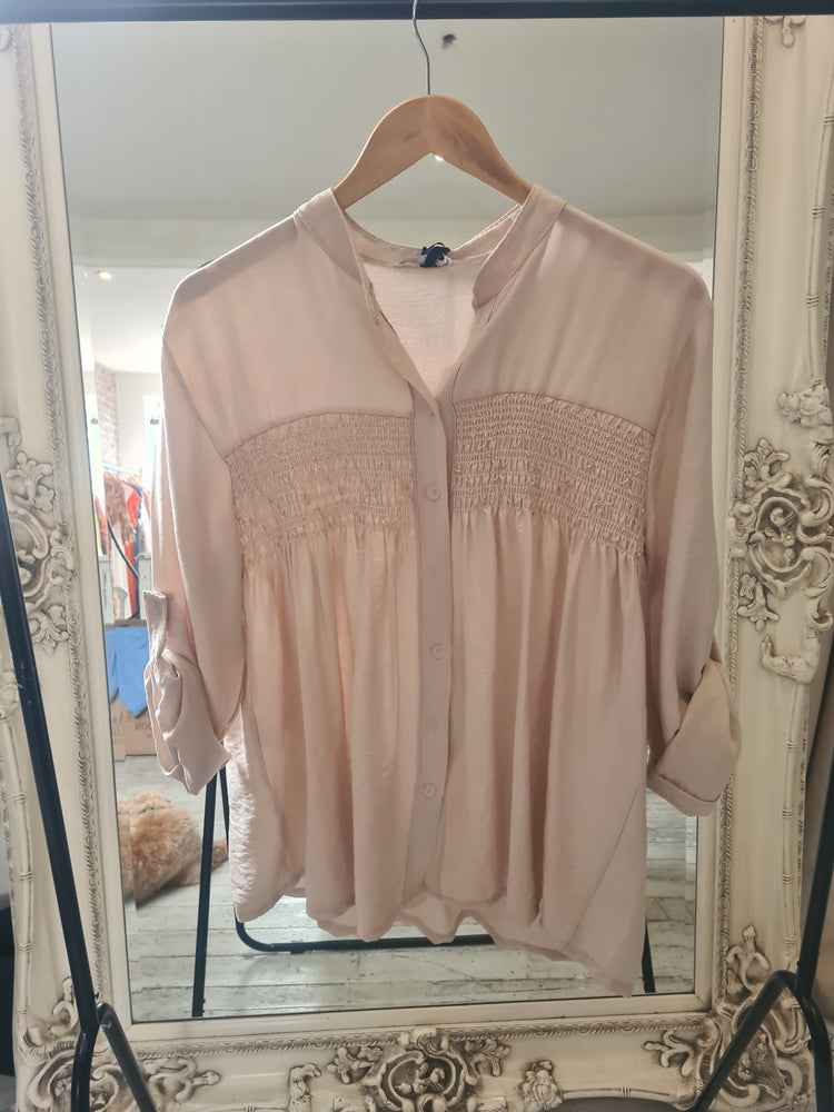 ELASTICATED EMBROIDERED SHIRRED SHIRT IN BEIGE