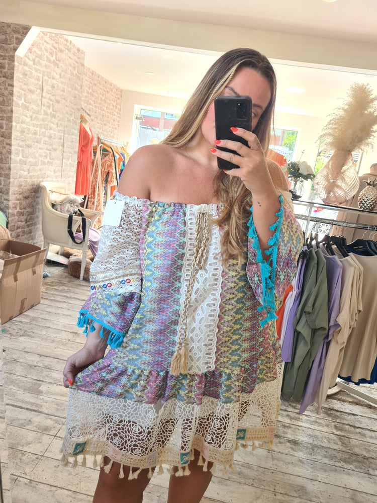 Crochet Bardot Tassel Mini Dress in Lilac