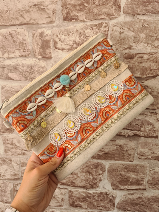 Embroidered clutch in orange