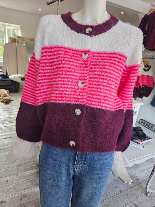 Primrose Stripe detail cardigan in burgundy