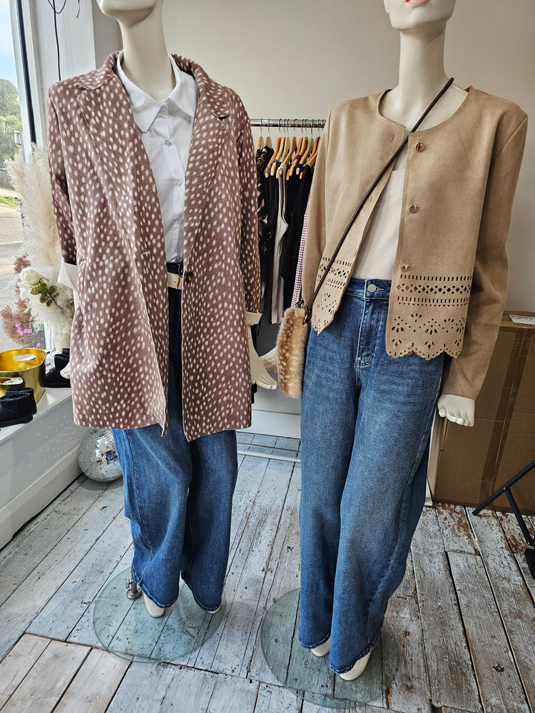 DEER-PRINT SUEDE-EFFECT LONGLINE JACKET