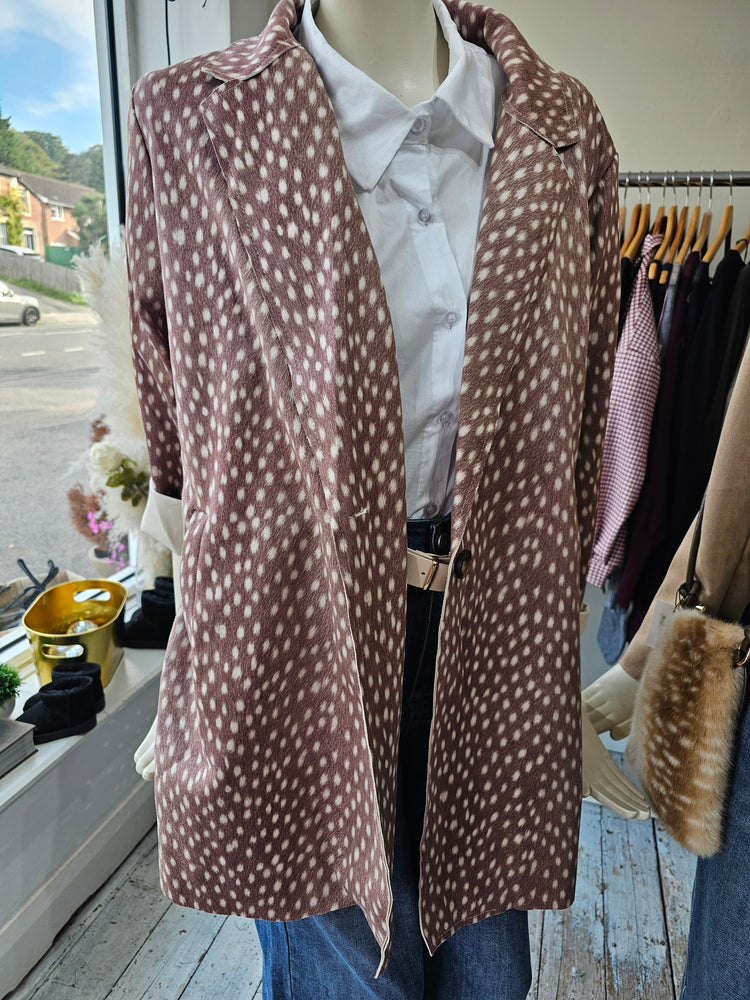DEER-PRINT SUEDE-EFFECT LONGLINE JACKET
