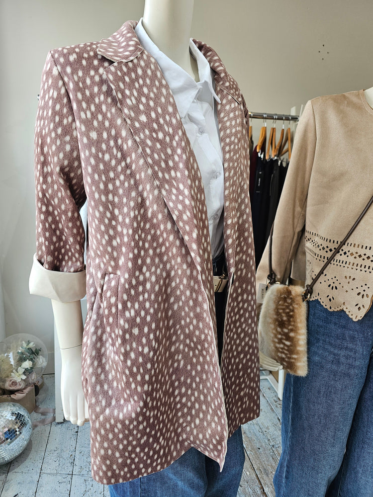 DEER-PRINT SUEDE-EFFECT LONGLINE JACKET