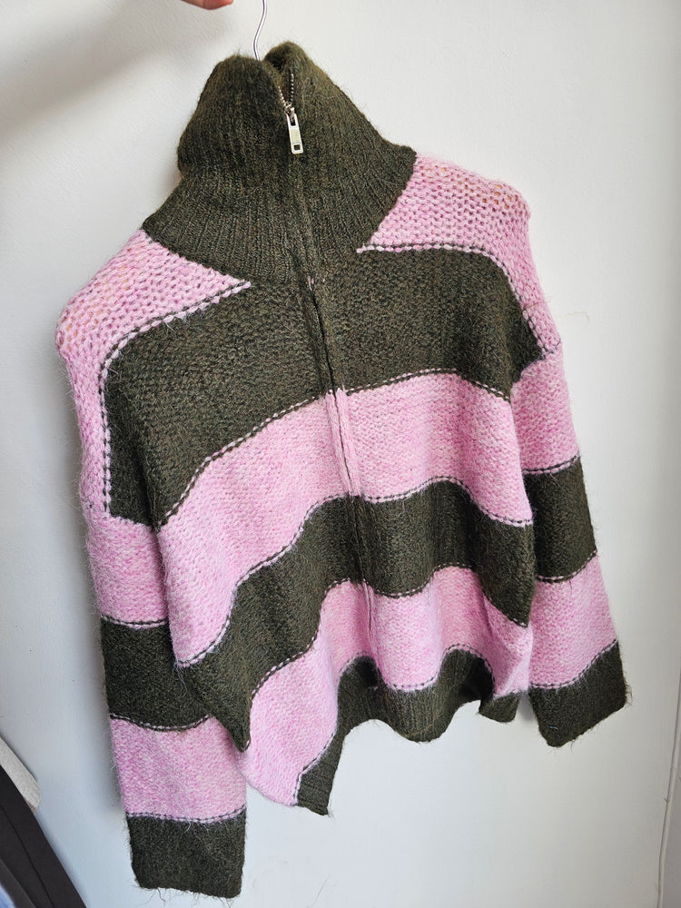 Winnie Two Tone High Neck Zip Up Knit - Pink/Olive