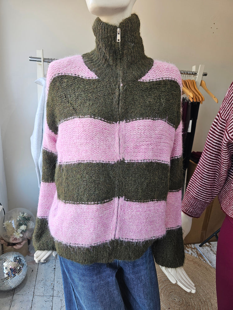 Winnie Two Tone High Neck Zip Up Knit - Pink/Olive
