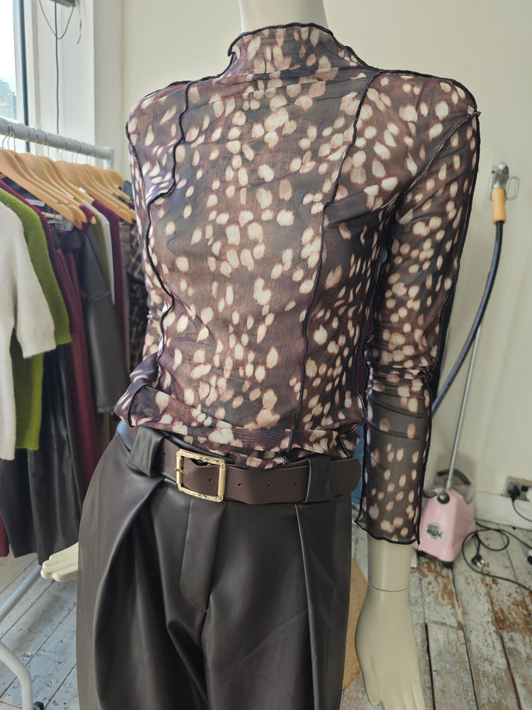 Tilly Chocolate Deer Print Sheer Top