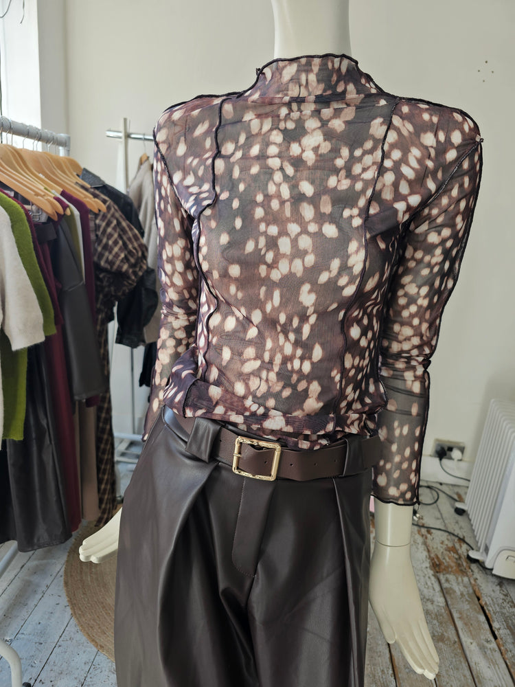 Tilly Chocolate Deer Print Sheer Top