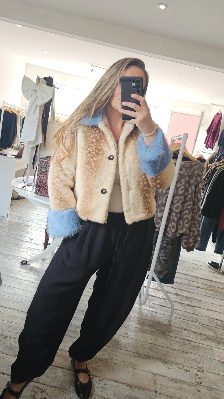 Bambi faux fur collar jacket in powder blue