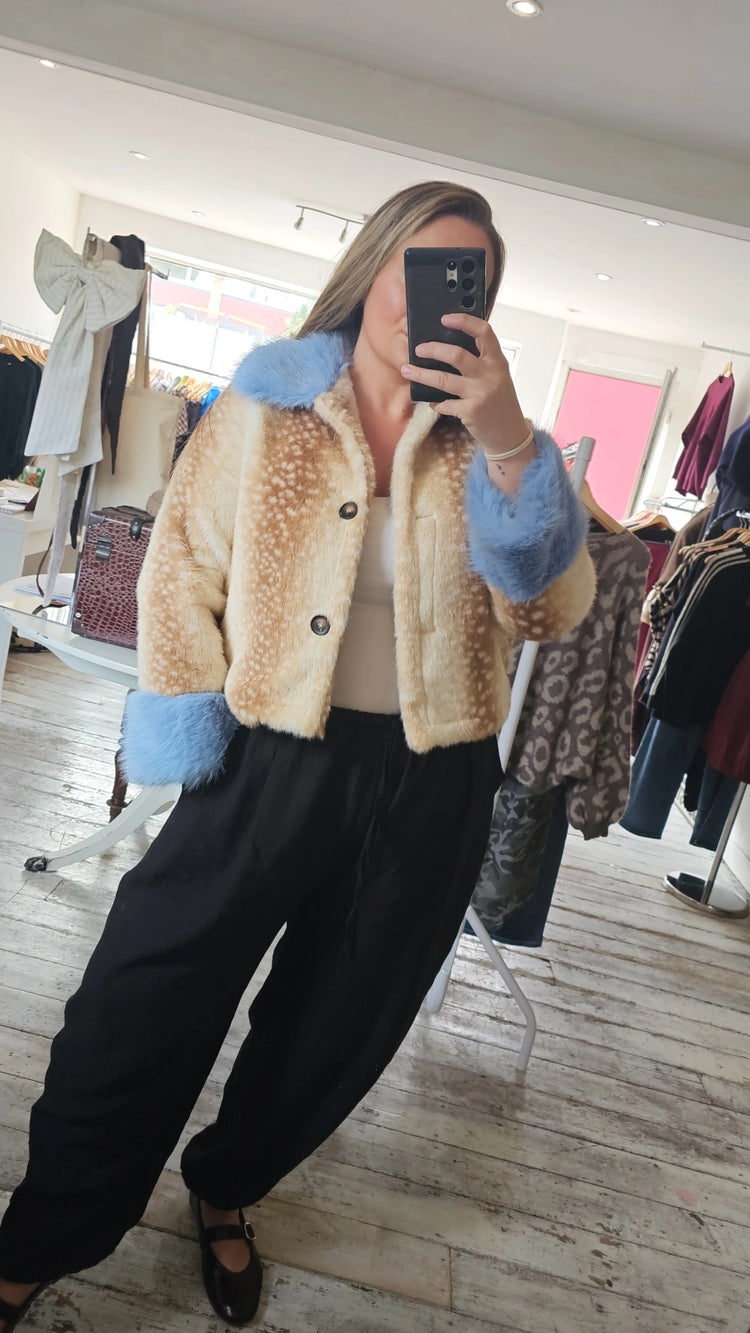 Bambi faux fur collar jacket in powder blue