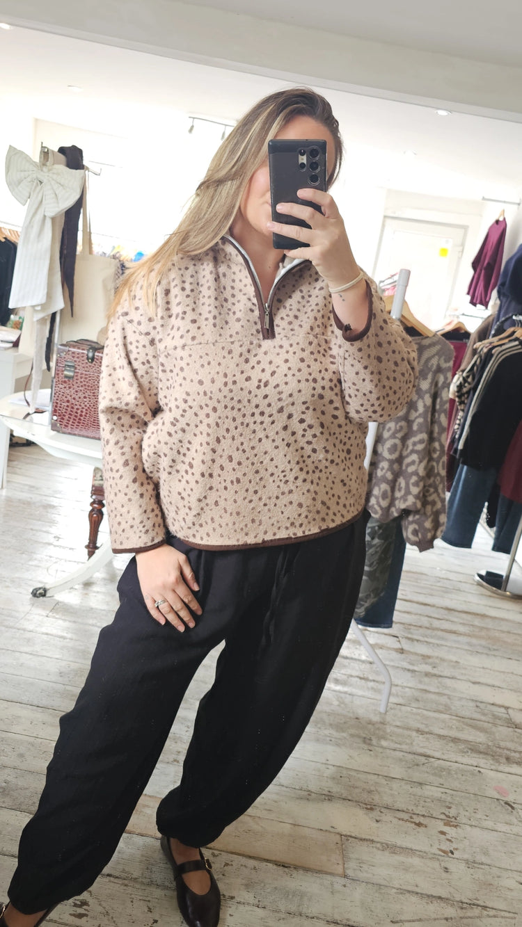 Fawn Print Half Zip Fleece in beige