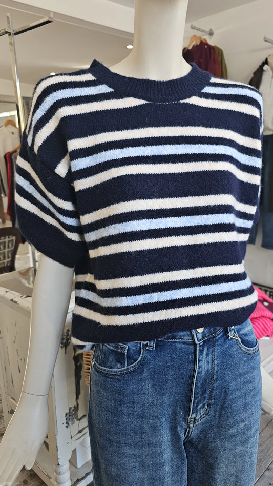 ROMY STRIPED KNIT SHORT SLEEVE JUMPER IN NAVY