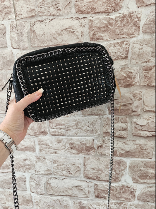 Stud and chain crossbody bag in black