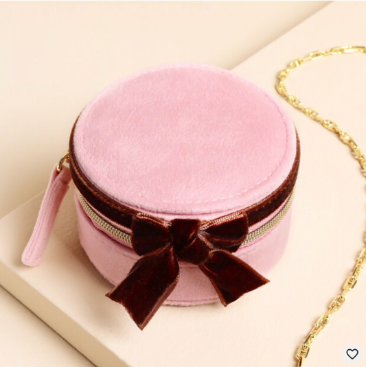 Pink and Burgundy Velvet Bow Mini Round Jewellery Case