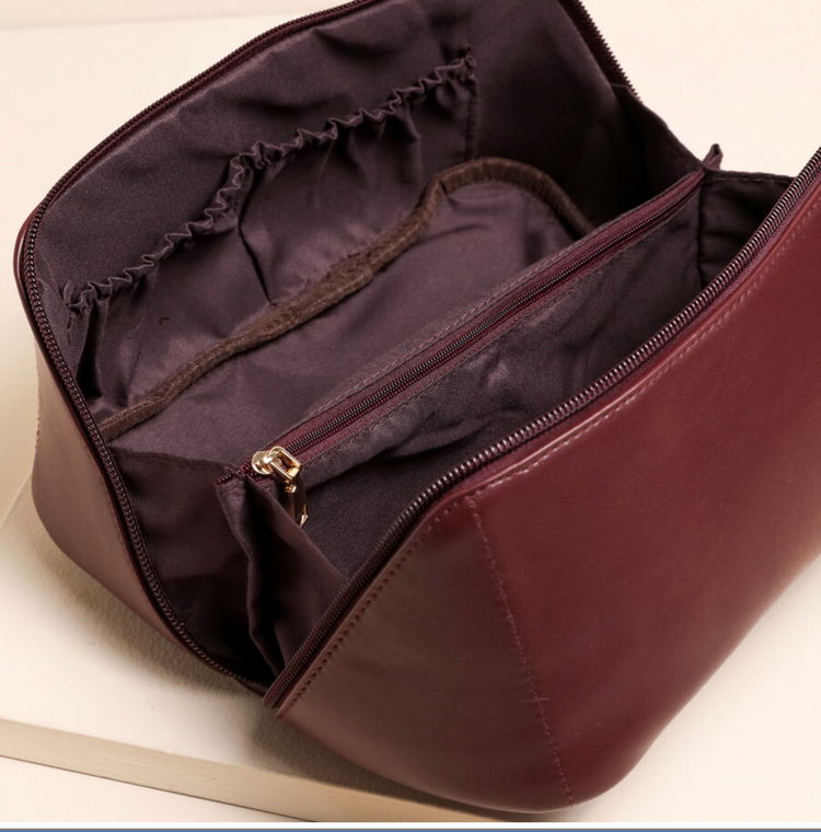 BURGUNDY OPEN FLAT RECTANGULAR MAKEUP BAG