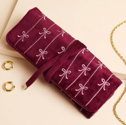 BURGUNDY BOW EMBROIDERED VELVET JEWELLERY ROLL